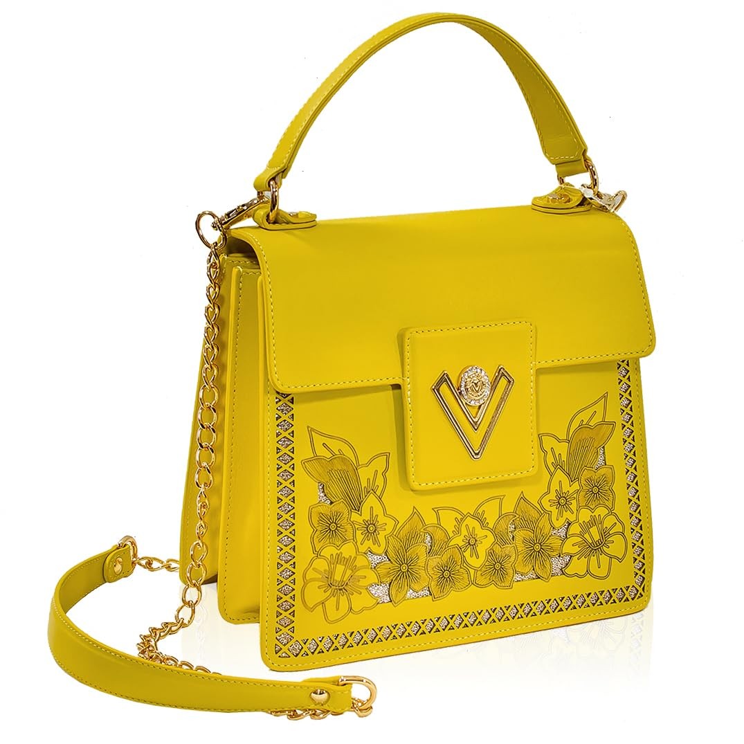 Valentino Orlandi Designer Purse Floral Citrine Embroidered Leather Crossbody Bag