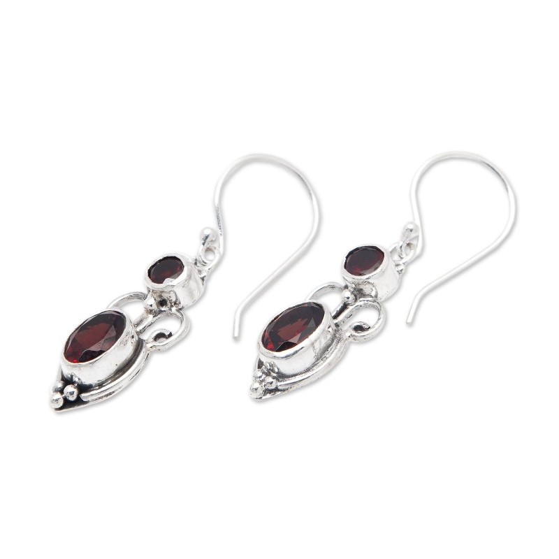 NOVICA Artisan Handmade Garnet Dangle Earrings .925 Sterling Silver Red Indonesia Birthstone 'Crown Princess'