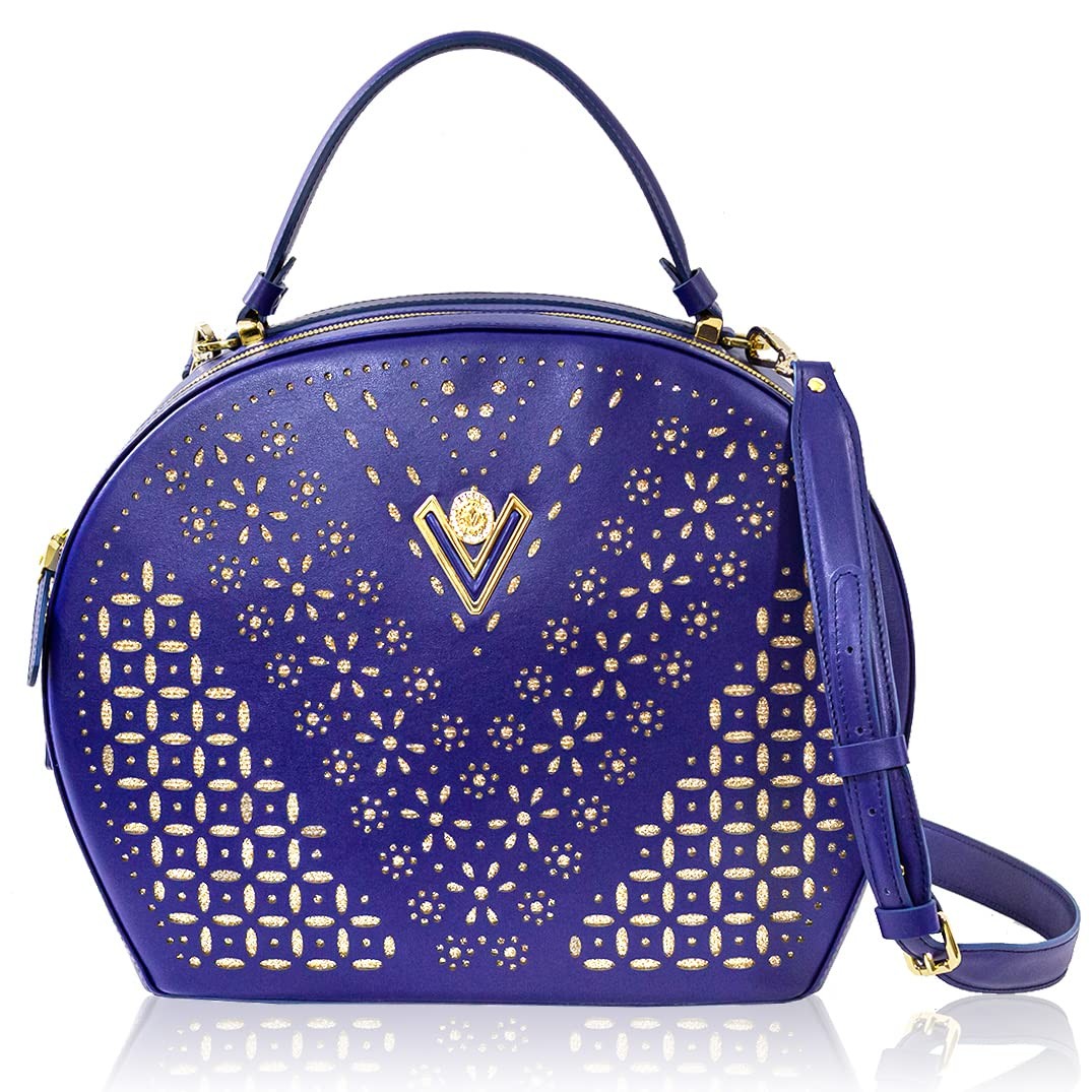 Valentino Orlandi Women's Large Handbag Italian Designer Purse Bowling Bag Top Handle Tanzanite Embroidered Genuine Leather Purse in Laser Cut Gold Design